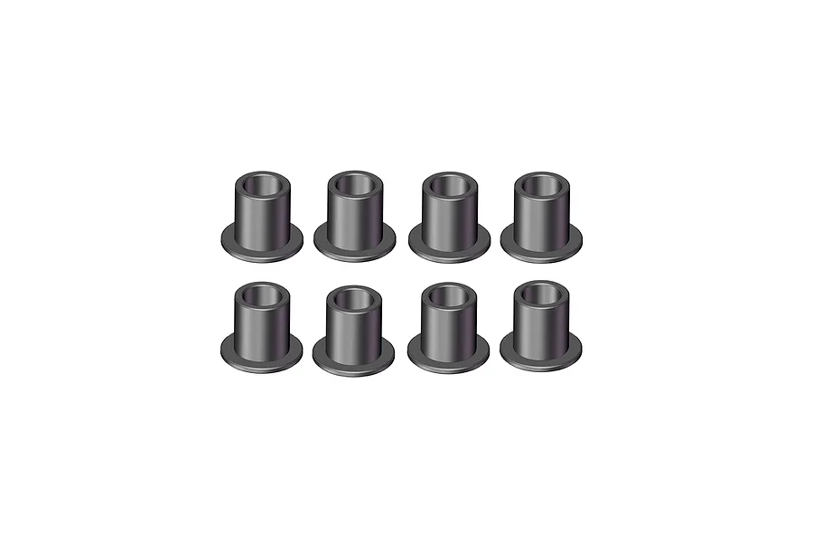 A set of eight small grey flanged bushings arranged in two rows of four against a white background.