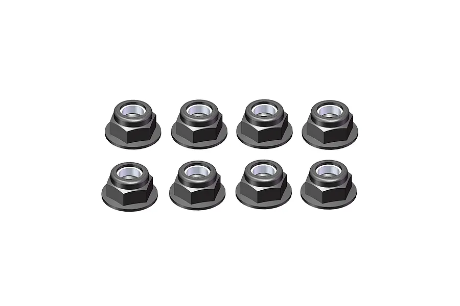 A set of eight black flanged nyloc serrated nuts arranged in two rows of four against a white background.