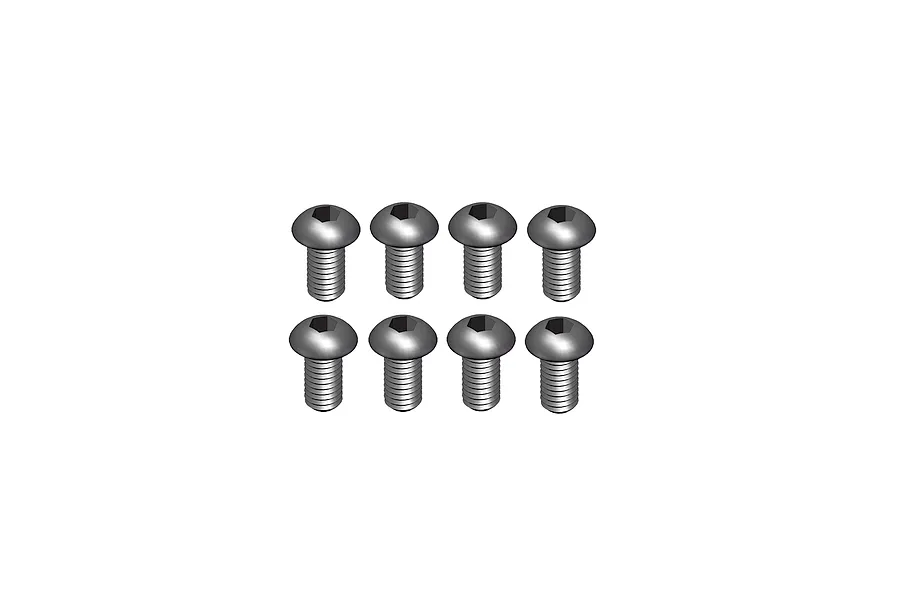A set of eight silver-coloured button head screws with hex sockets, arranged in two rows of four against a plain white background.