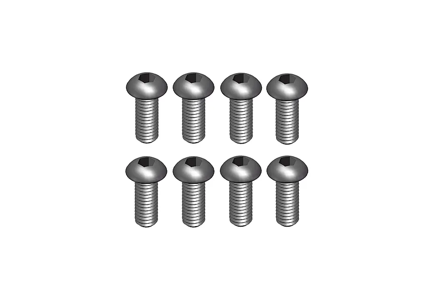 A set of eight silver-coloured metal button head screws with hex drive sockets arranged in two rows of four against a white background.