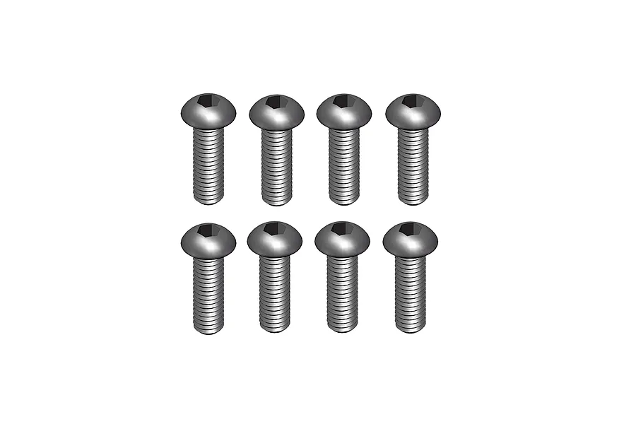 A set of eight silver-coloured metal button head screws with hex drive sockets, arranged in two rows of four against a white background.