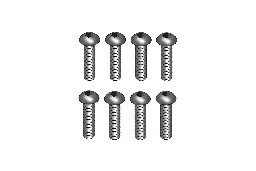 Eight silver-coloured metal button head hex screws arranged in two rows of four against a plain white background.