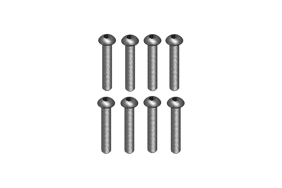 A set of eight silver-coloured metal button head screws with hexagonal drive sockets, arranged in two rows of four against a white background.