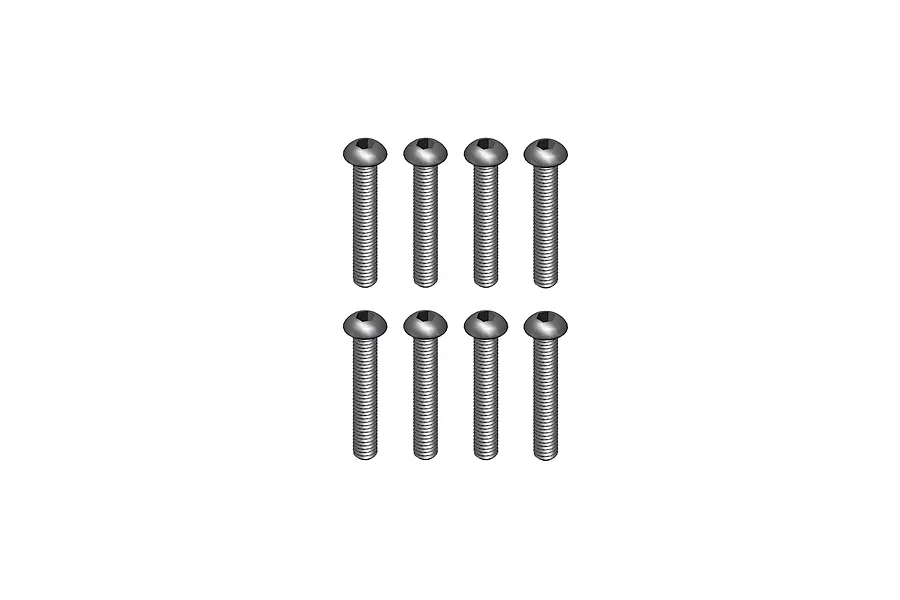 A set of eight silver-coloured metal button head screws with hexagonal drive sockets arranged in two rows of four against a white background.