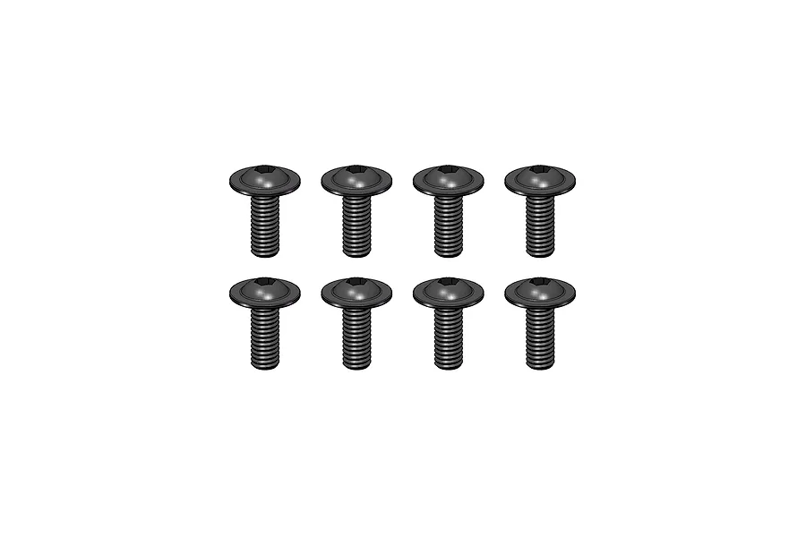 A set of eight black metal washer head screws arranged in two rows of four against a white background.