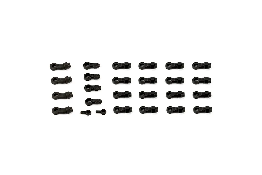 A set of black plastic RC rod ends arranged in rows on a white background.