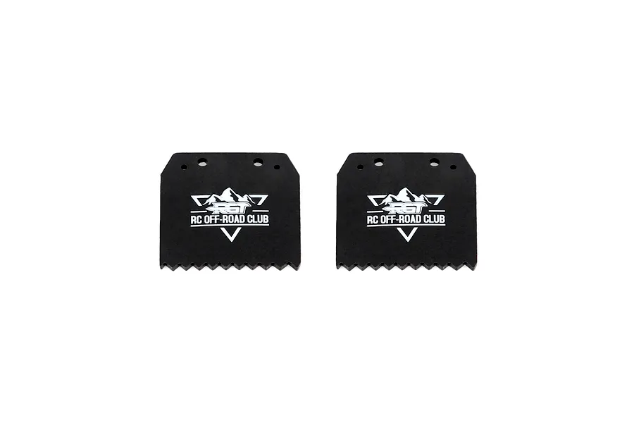 Two black RGT RC off-road club rear fender mud flaps with white logos on a white background.