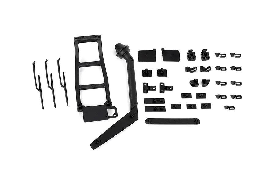 A collection of black plastic RC scale body accessories including a ladder, snorkel, windshield wipers, and various mounting brackets on a white background.