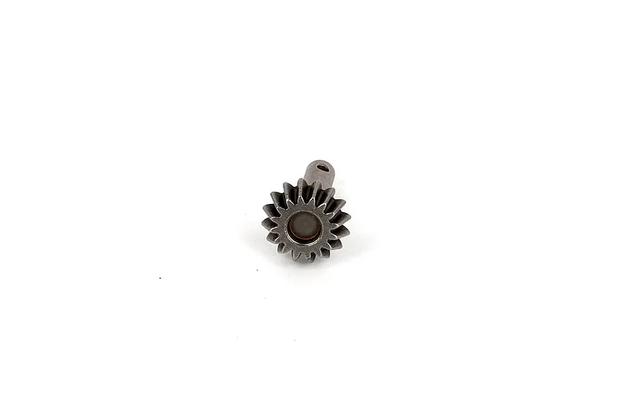 A small metal 16-tooth drive input gear for an RC vehicle, shown from a front-angled perspective against a white background.