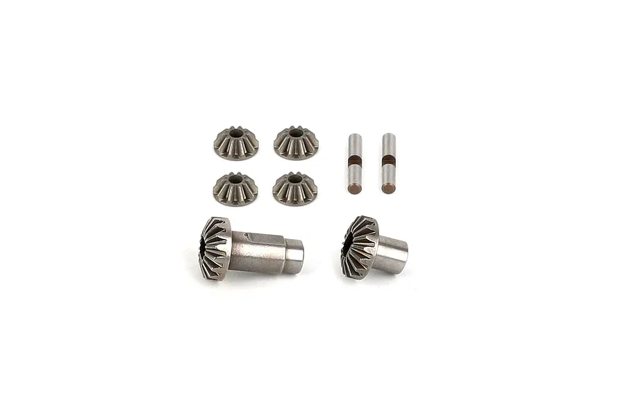 A set of RGT differential bevel gears and pins for RC vehicles, including four small bevel gears, two larger bevel gears, and two metal pins.