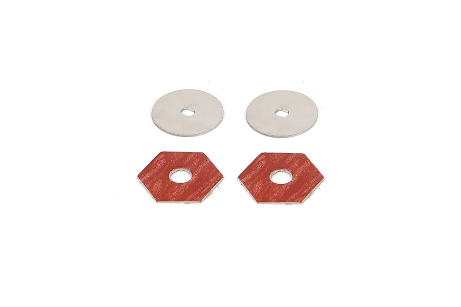 Two silver metal washers and two red hexagonal friction pads for an RC slipper clutch, arranged on a white background.
