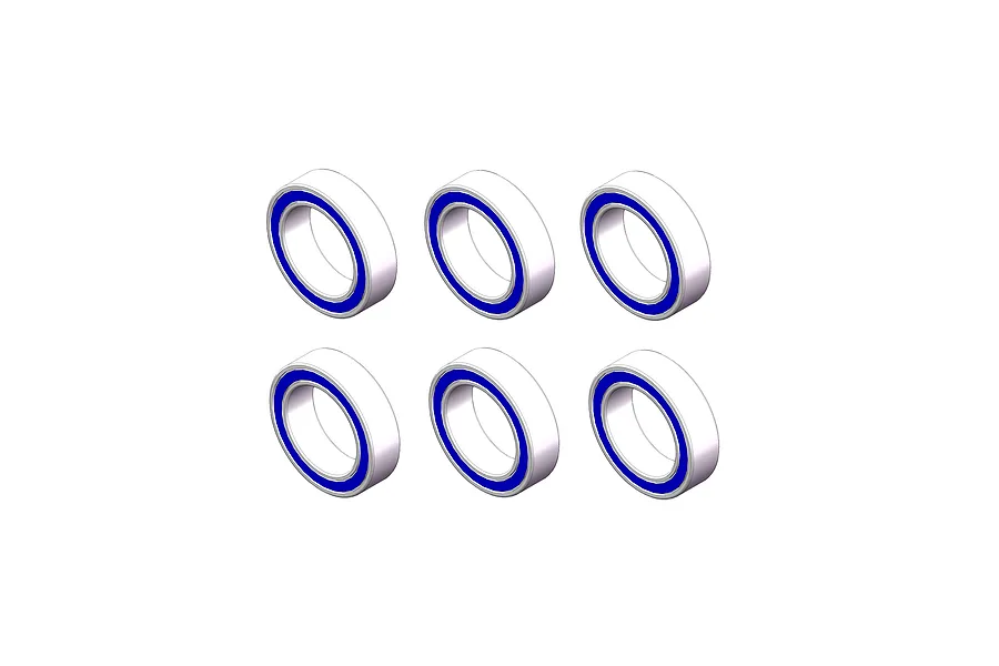 A set of six identical metal ball bearings with blue rubber seals arranged in two rows of three against a white background.