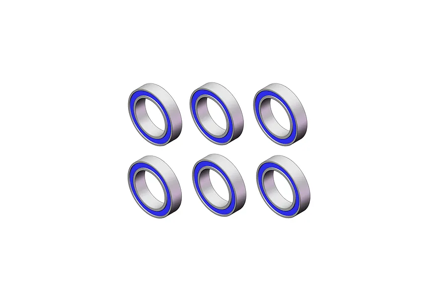 A set of six RGT 7x14x4mm ball bearings with blue rubber seals arranged in two rows of three against a plain white background.