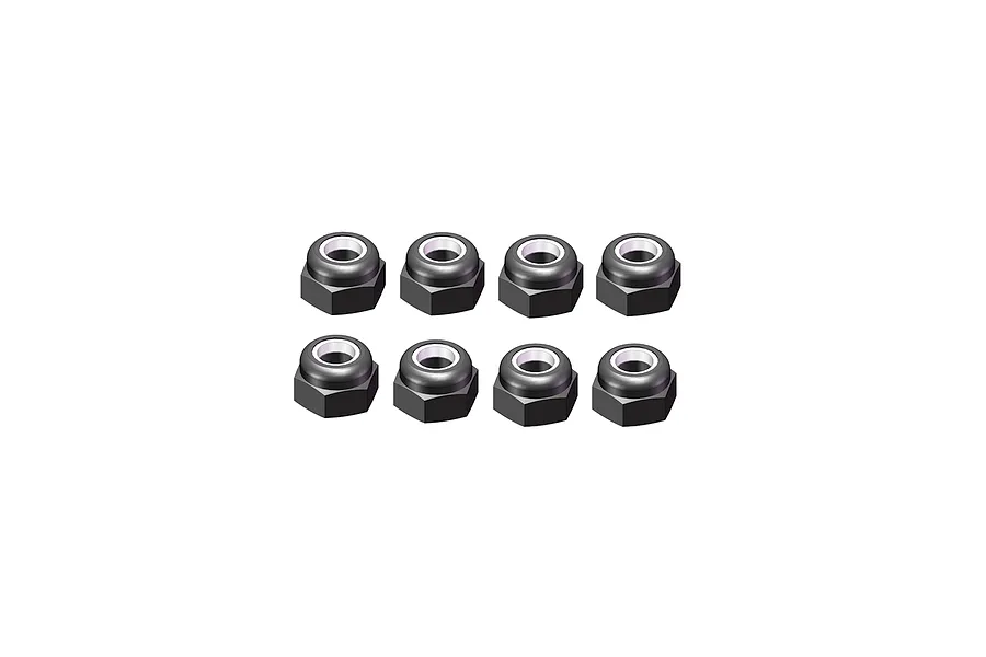 A set of eight black aluminium nyloc nuts arranged in two rows of four against a plain white background.