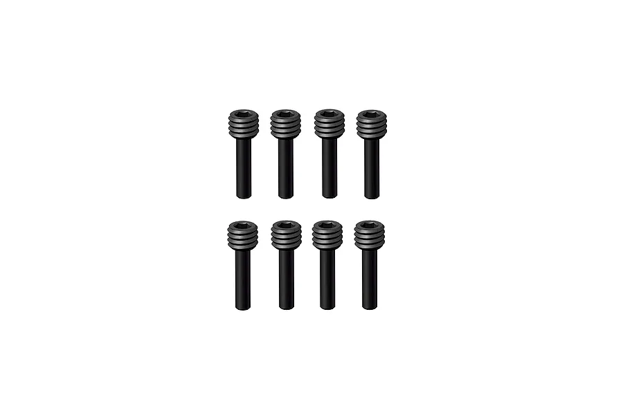 Eight black metal partial thread screw pins arranged in two rows of four against a white background.