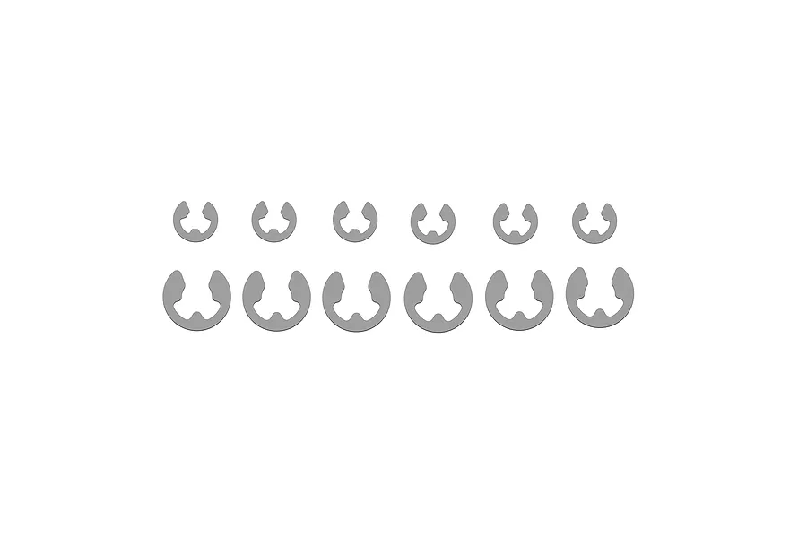 A set of 12 metal E-clips arranged in two rows of six against a plain white background.