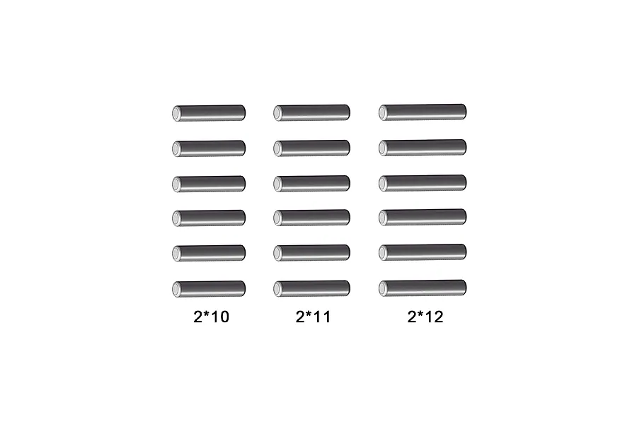 A set of 18 metal pins arranged in three columns of six, labeled 2*10, 2*11, and 2*12, representing different sizes for RC car drivetrain repairs.