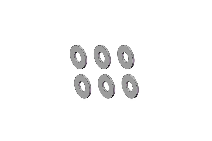 A set of six small, circular metal washers arranged in two rows of three against a plain white background.
