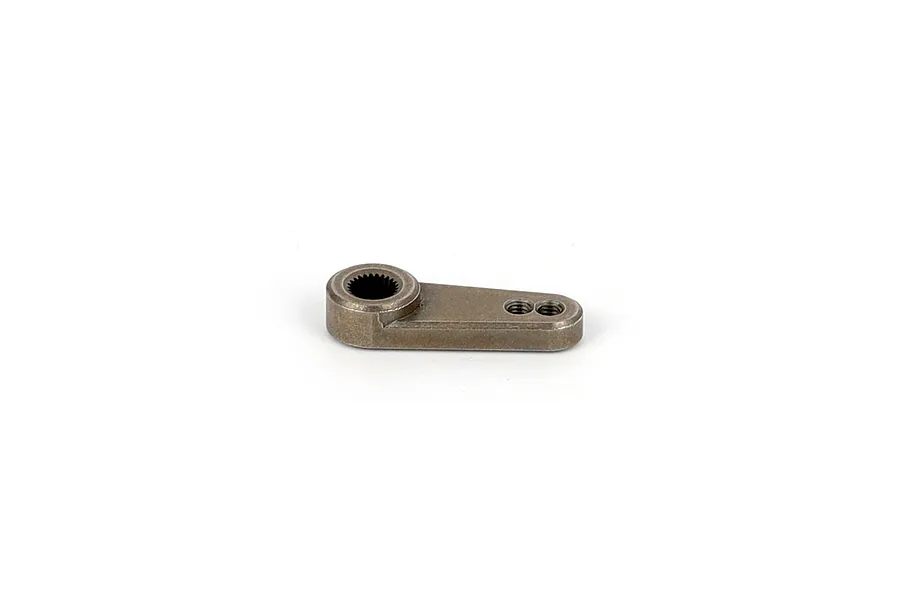 A single-arm metal servo horn for RC vehicles, featuring a 25-tooth spline and two threaded mounting holes, isolated on a white background.