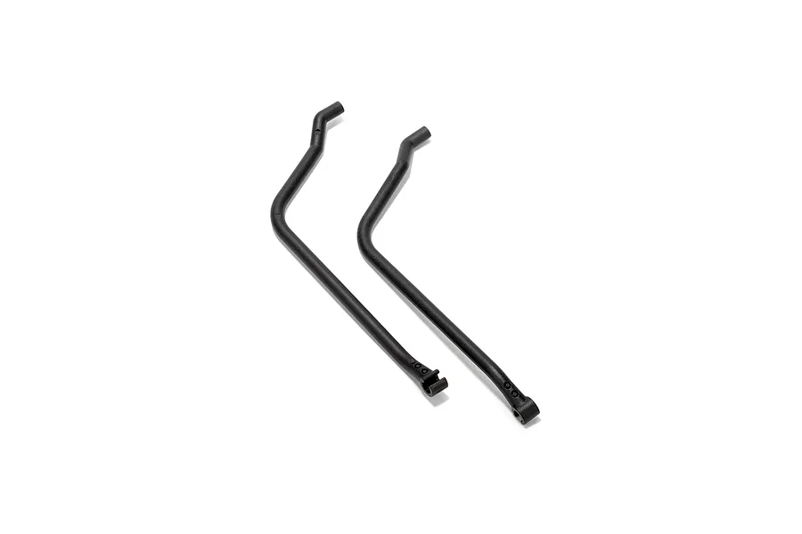 Two black plastic RGT bumper rails for RC vehicles, shown from an overhead angle against a white background.