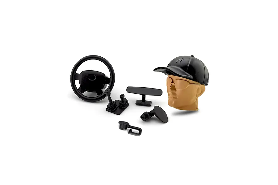 RGT interior detail set including a steering wheel, gear shifters, rearview mirror, and a driver figure head wearing a cap and sunglasses.