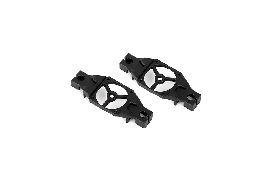Two black RGT suspension plates for RC cars, shown from an angled top-down perspective against a white background.