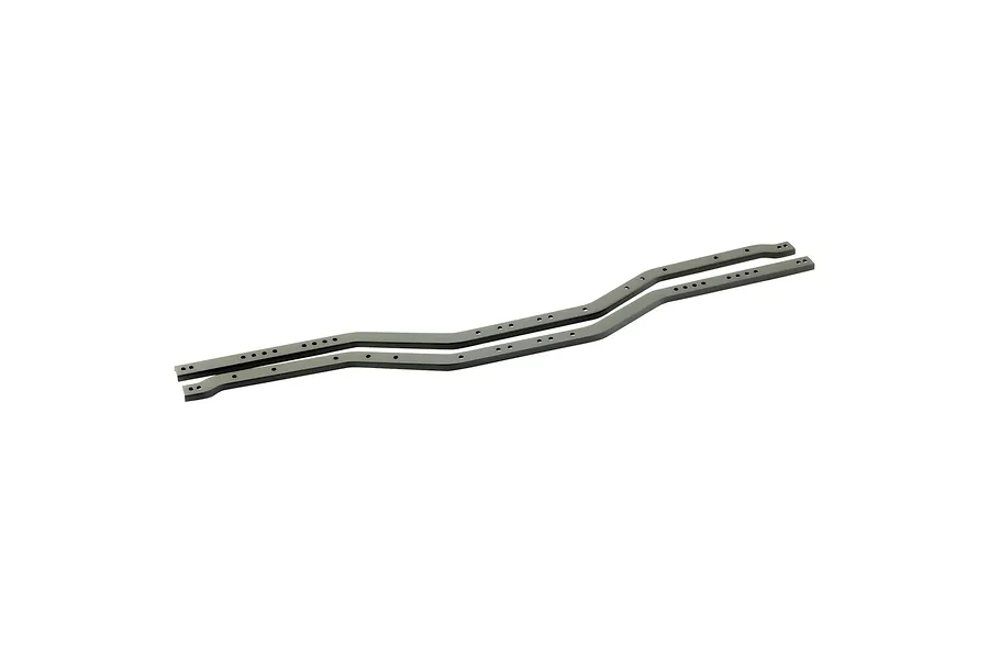 Two grey metal RC chassis rails for RGT vehicles, shown from an elevated angle against a white background.