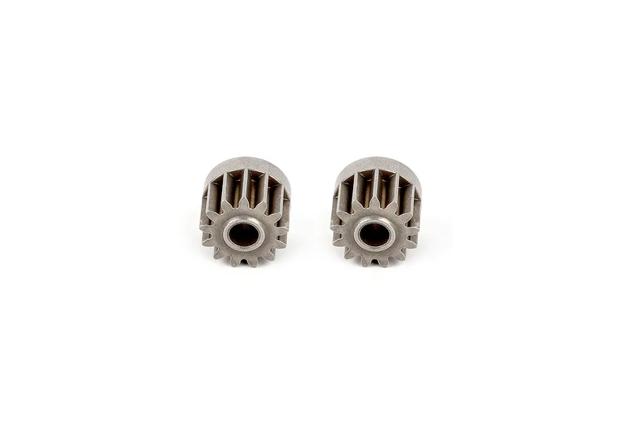 Two identical 13-tooth metal pinion gears for RGT RC vehicles, shown side-by-side against a white background.