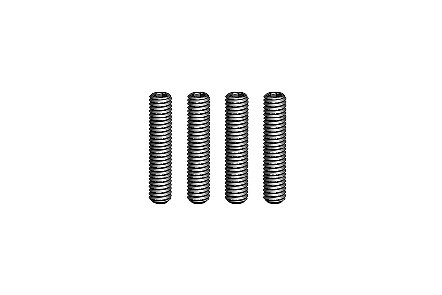 Four silver-coloured metal grub screws with hex sockets, arranged vertically in a row against a plain white background.