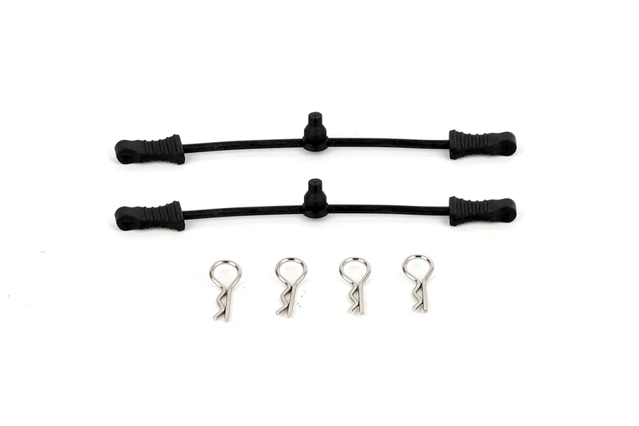 Two black rubber body clip retainers and four silver metal R-clips for RC car bodies on a white background.