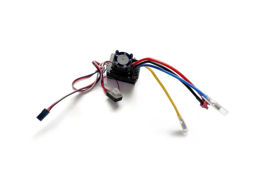 RGT 80A brushed electronic speed controller with cooling fan and pre-soldered wiring harness on a white background.