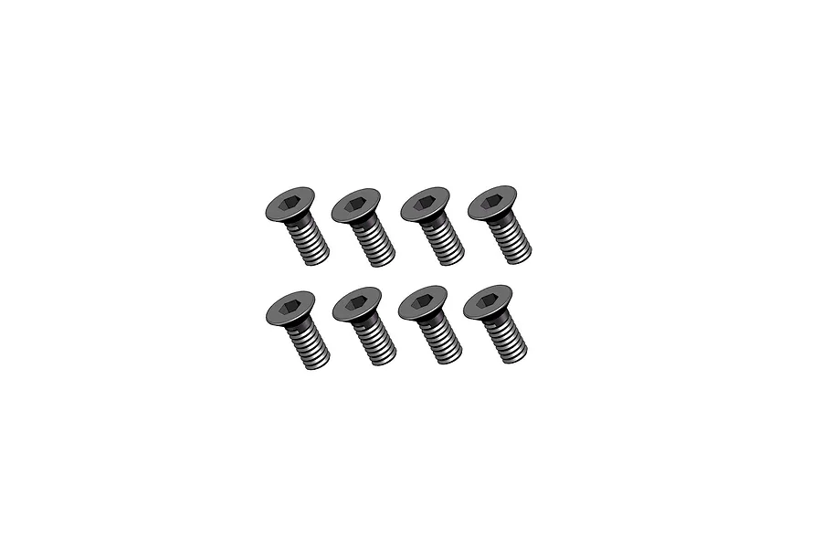 A set of eight black countersunk head screws with hex drive sockets arranged in two rows of four on a white background.