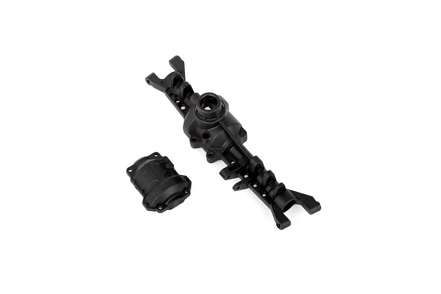 Black plastic RGT front portal axle housing and separate differential cover on a white background.
