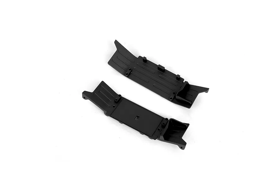 Two black plastic RGT inner fender splash guard components for an RC chassis, shown from top and bottom angles on a white background.