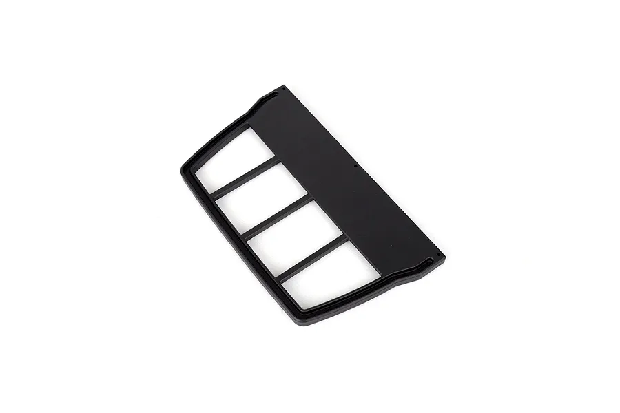 A black plastic RGT flatbed rail component for an RC vehicle, shown from an overhead angle against a white background.