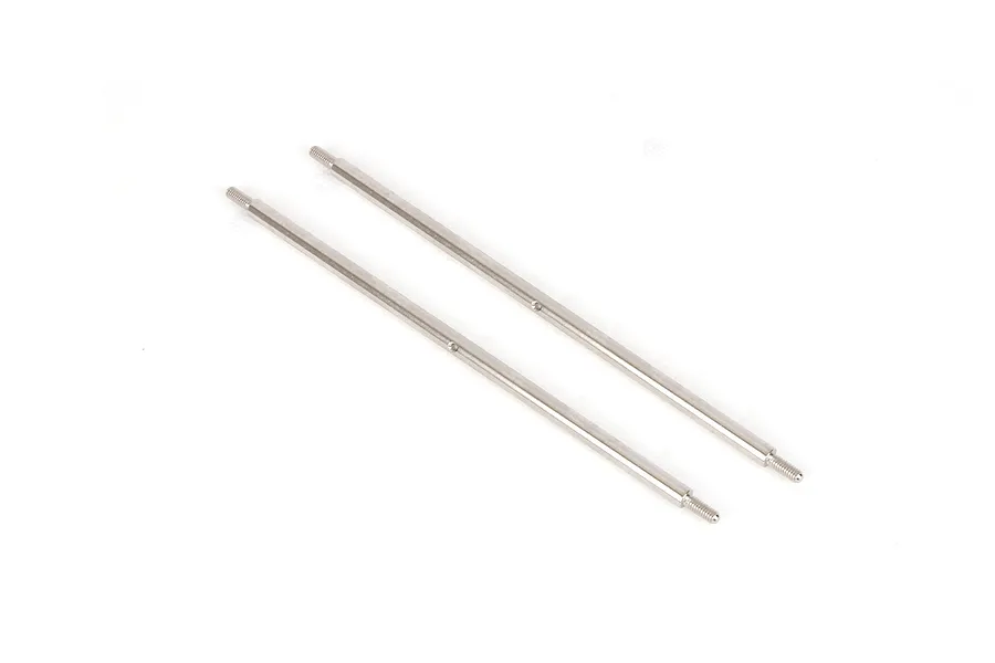 Two silver-colored metal RC suspension links with threaded ends on a plain white background.