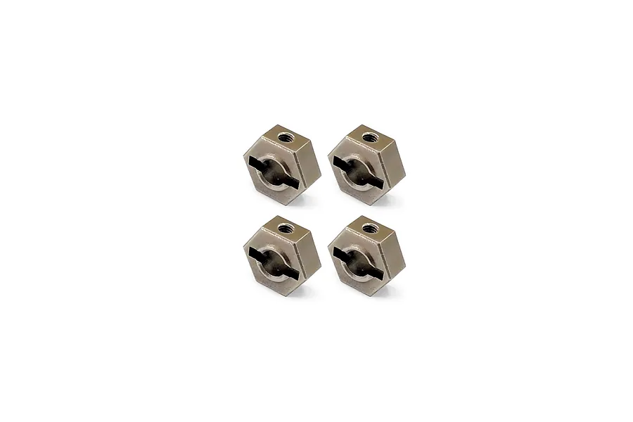 Four gunmetal grey steel 12mm wheel hex adapters for RC cars arranged in a square on a white background.