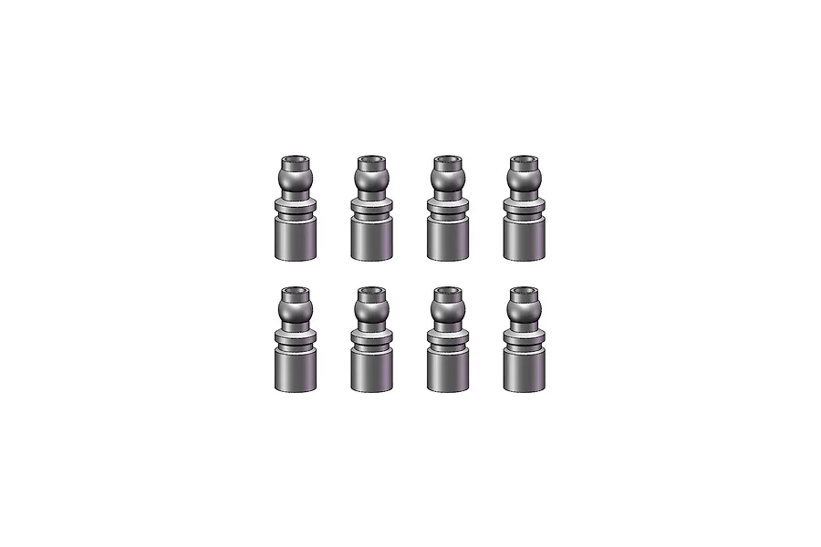 Eight identical silver-coloured metal pivot ball studs arranged in two rows of four against a plain white background.