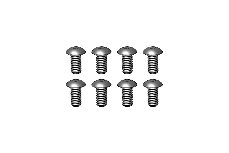 A set of eight silver-coloured metal button head screws with hex drive heads arranged in two rows of four against a white background.