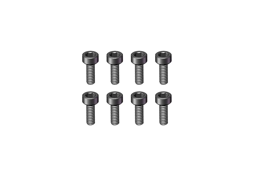 Eight black metal cap head screws arranged in two rows of four against a plain white background.