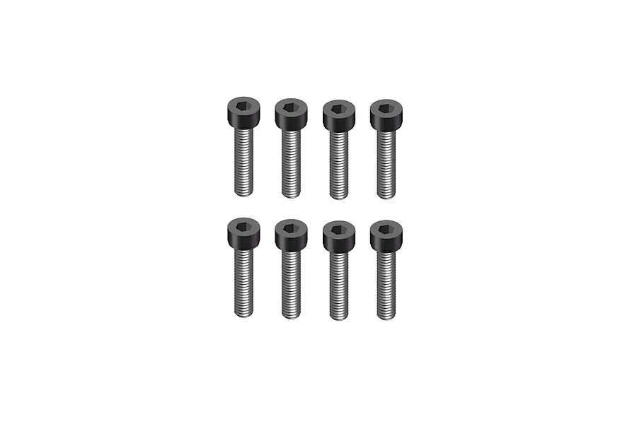 Eight black metal cap head screws arranged in two rows of four on a white background.