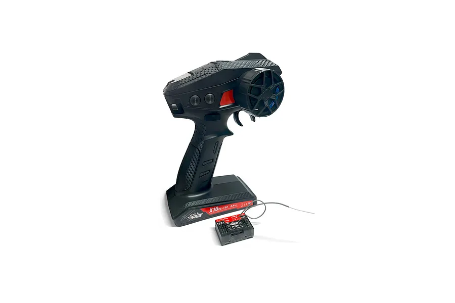 RGT GS16-X10EA pistol grip RC transmitter and P10F 10-channel receiver on a white background.