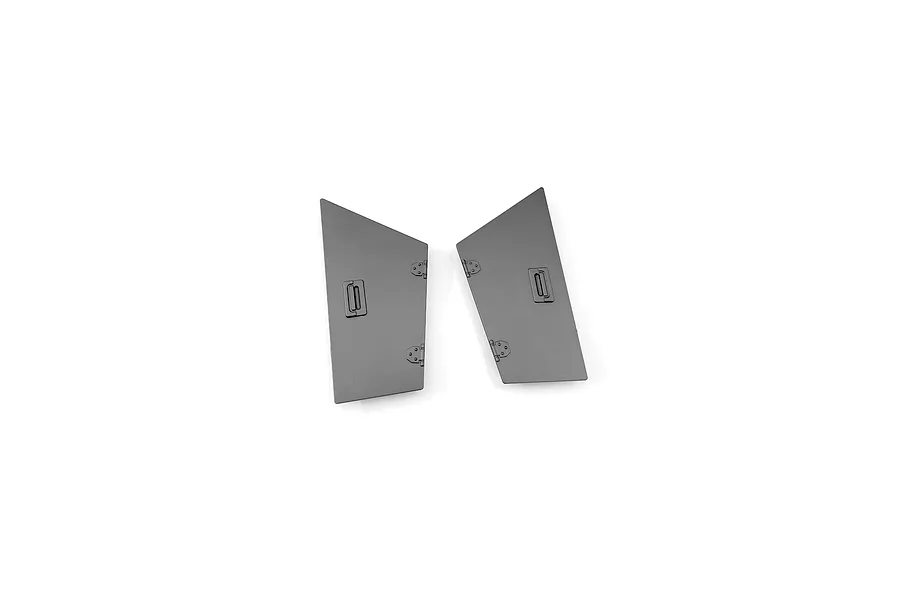 Two grey RGT fender plates for RC vehicles, featuring molded hinge and handle details, isolated on a white background.