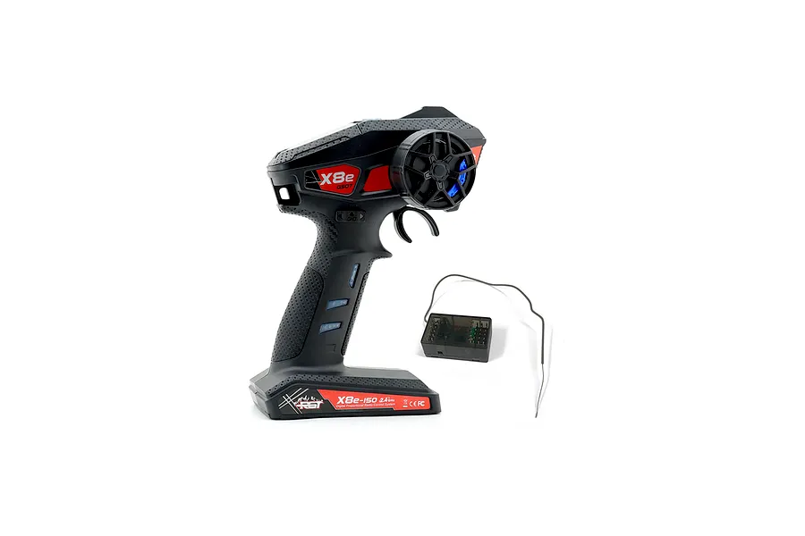 RGT X8e-150 pistol-grip RC transmitter with a matching 2.4GHz receiver unit, featuring black and red design details on a white background.