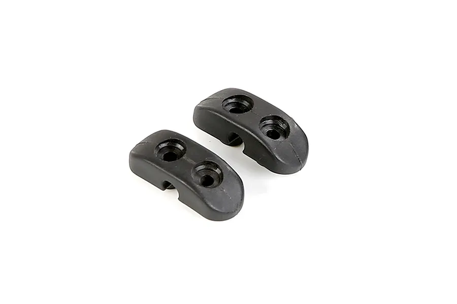 Two black plastic Rovan front stabiliser bar mounts for RC cars, shown from a high angle against a white background.