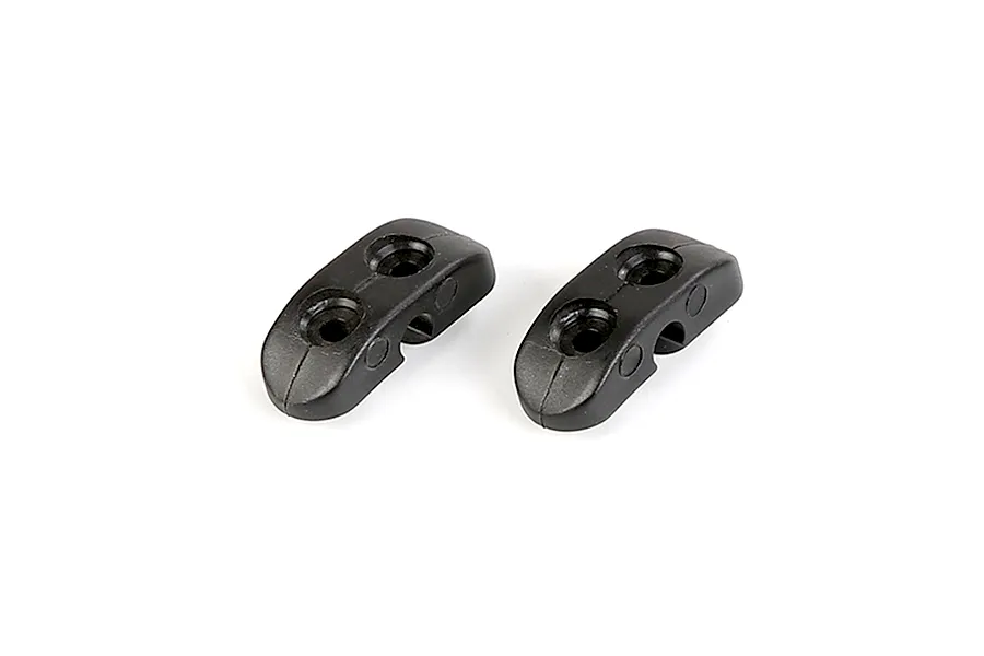 Two black plastic Rovan front stabiliser bar mounts for RC cars, shown from a top-down angle against a white background.