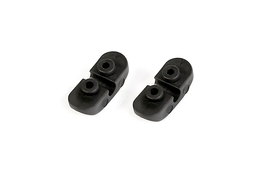 Two black plastic Rovan front stabiliser bar mounts for RC cars, shown from a high-angle perspective against a white background.