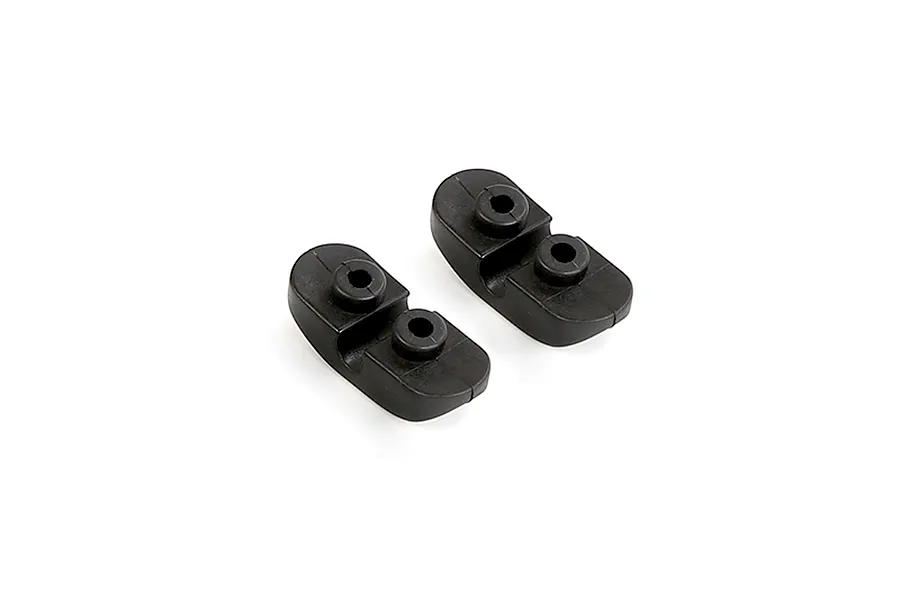 Two black plastic Rovan front stabiliser bar mounts for RC cars, shown from a high angle against a white background.