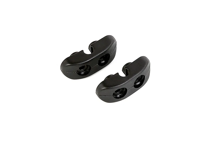 Two black plastic Rovan front stabiliser bar mounts shown from a top-down angle against a white background.