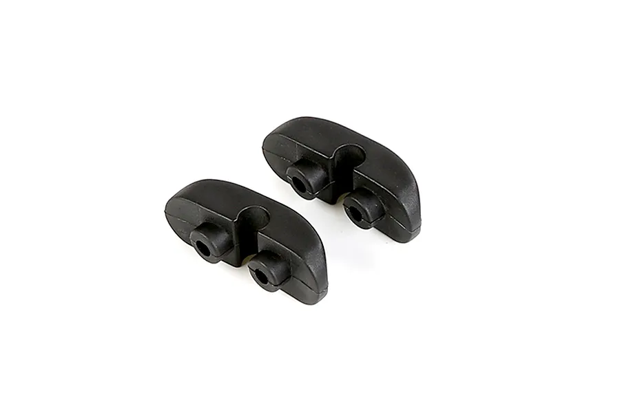 Two black plastic Rovan front stabiliser bar mounts for RC vehicles, shown from an angled perspective on a white background.